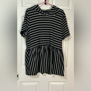 Lane Bryant Women's Striped Hoodie Top Sz 18-20 Black Shirred Waist Short Sleeve